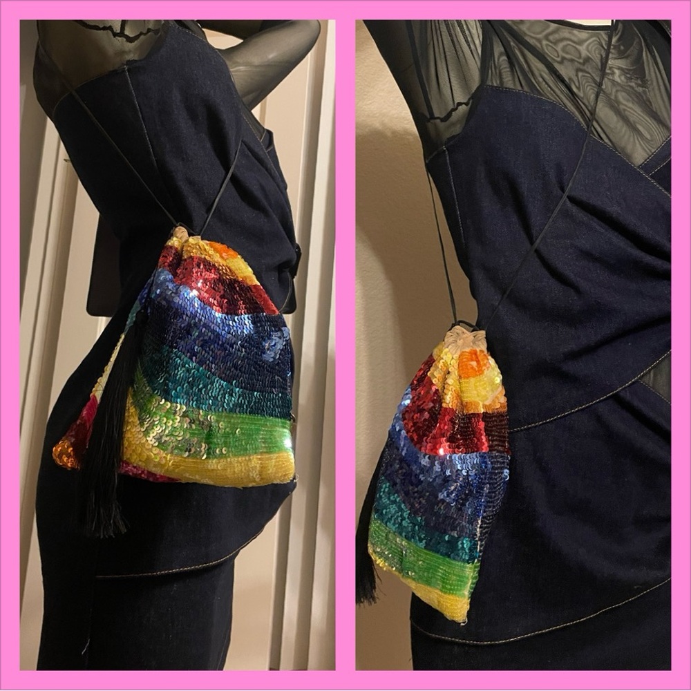 Attico silk rainbow sequins drawstring pouch bag with tassel - Picture 5 of 15